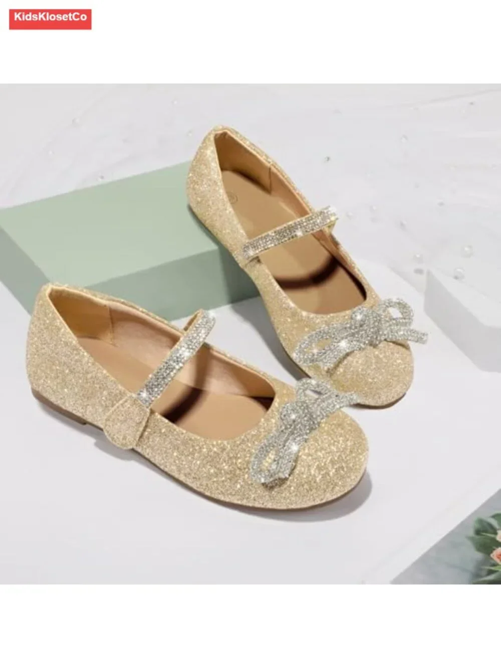 Girls Rhinestone Mary Jane Flats Dress Shoes with Bow